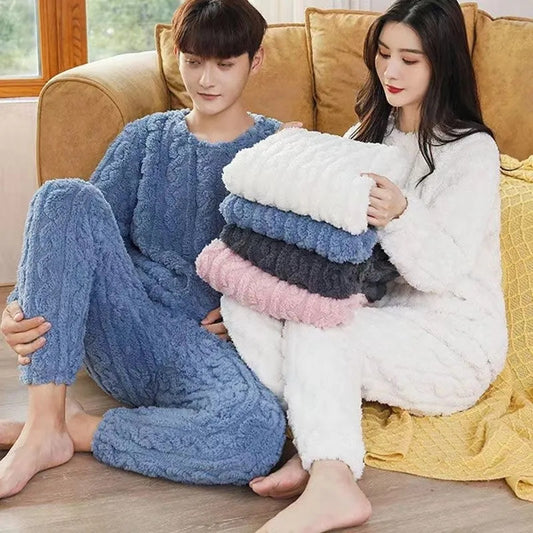 Winter Thick Coral Velvet Pajamas Loose Solid Color Long Sleeves and Pants Warm Pajamas