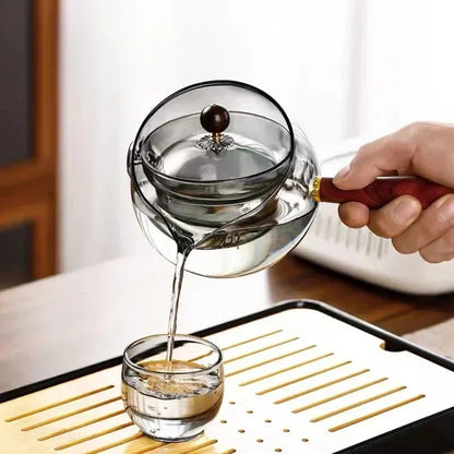Heat Resistant Semi-Automatic Rotary Glass Teapot With Wooden Handle