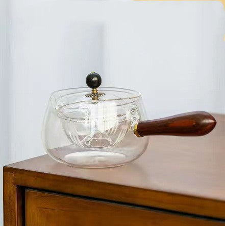 Heat Resistant Semi-Automatic Rotary Glass Teapot With Wooden Handle