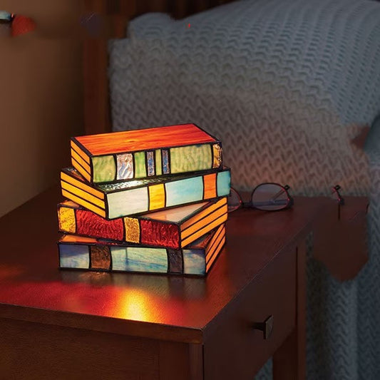 Stacked Books Lamp Nightstand Desk Lamps Resin Handicraft Stacked Books Light Stained Glass Table Desk Reading Light Decorative
