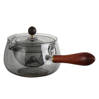 Heat Resistant Semi-Automatic Rotary Glass Teapot With Wooden Handle