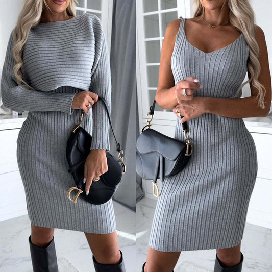 Solid Striped Long Sleeve Top and Slim Suspender Skirt Autumn Winter Fashion Slim Clothes