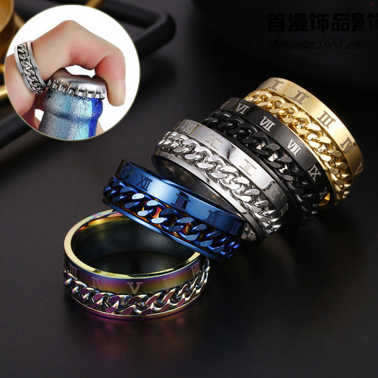 Roman Letter Rotatable Chain Rings Men Digital Titanium Steel Ring For Couple High Quality Multifunctional Bottle Opener Ring Spinner Jewelry Punk Gifts