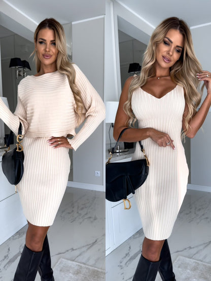 Solid Striped Long Sleeve Top and Slim Suspender Skirt Autumn Winter Fashion Slim Clothes