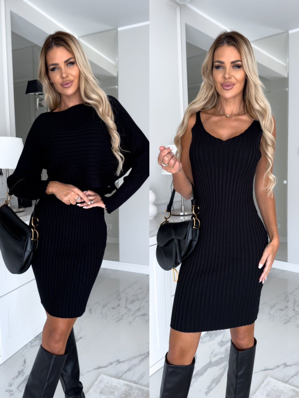 Solid Striped Long Sleeve Top and Slim Suspender Skirt Autumn Winter Fashion Slim Clothes