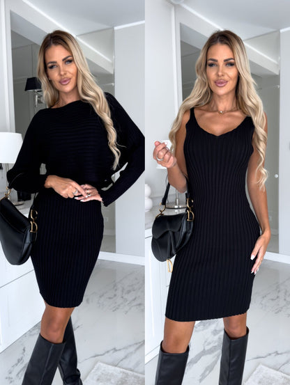 Solid Striped Long Sleeve Top and Slim Suspender Skirt Autumn Winter Fashion Slim Clothes