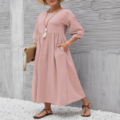 Summer Short-sleeved Dress With Pockets Fashion Solid Round Neck A-line Dresses For Women Clothing