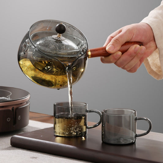 Heat Resistant Semi-Automatic Rotary Glass Teapot With Wooden Handle